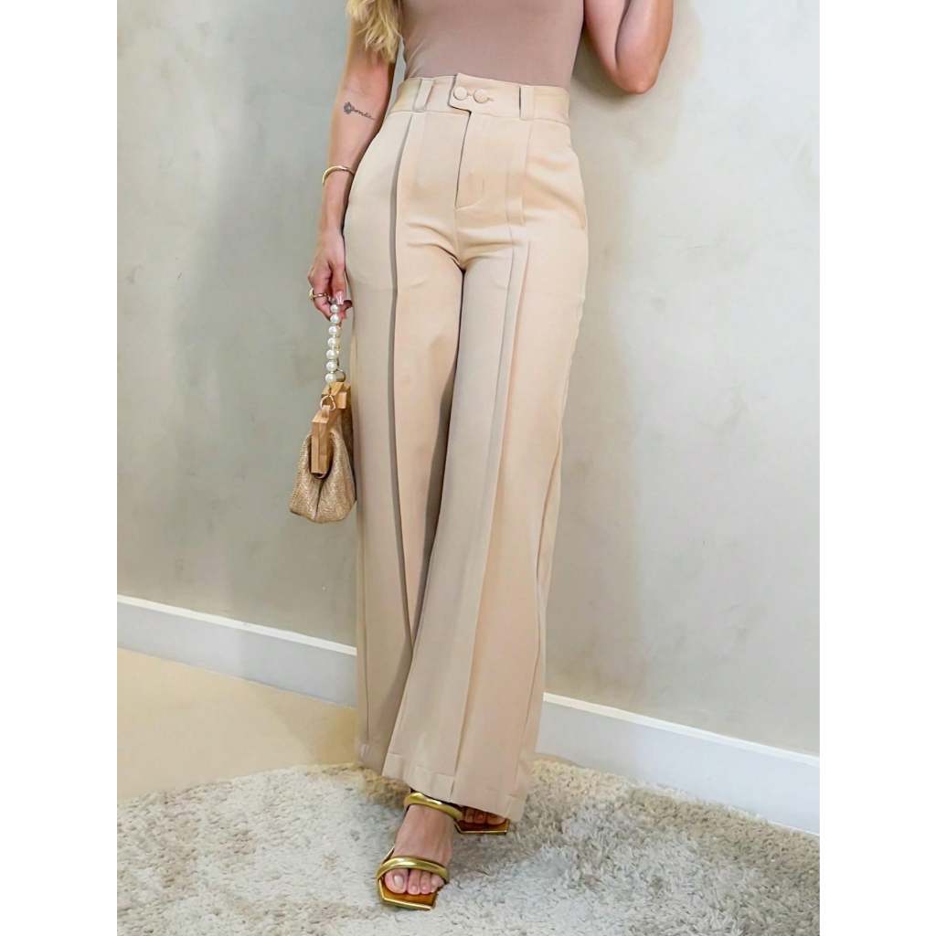 Calça Pantalona Feminina Alfaiataria Social cintura alto com botoes dois e com ziper e bolso aberto sem cinto em Oferta na Shopee
