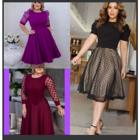 Vestido Midi Moda Evangélica Secretária Plus Size Luxo Elegante com manga Bufante Princesa de Tule Bolinhas