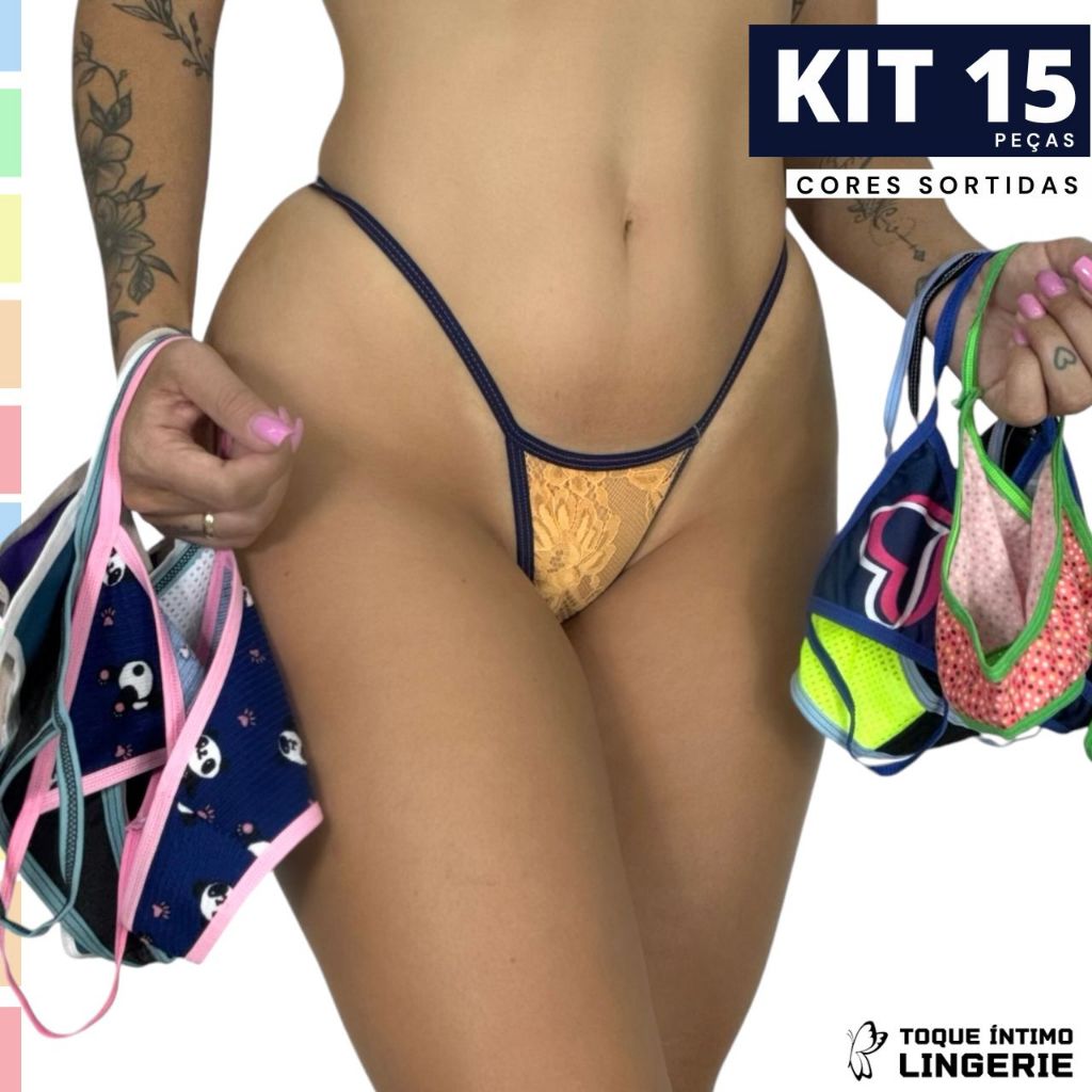 Kit 15 Calcinhas Tirinha Fio Dental Feminina Lisa Estampada Adulto Conforto Sensual Promocional em Oferta na Shopee