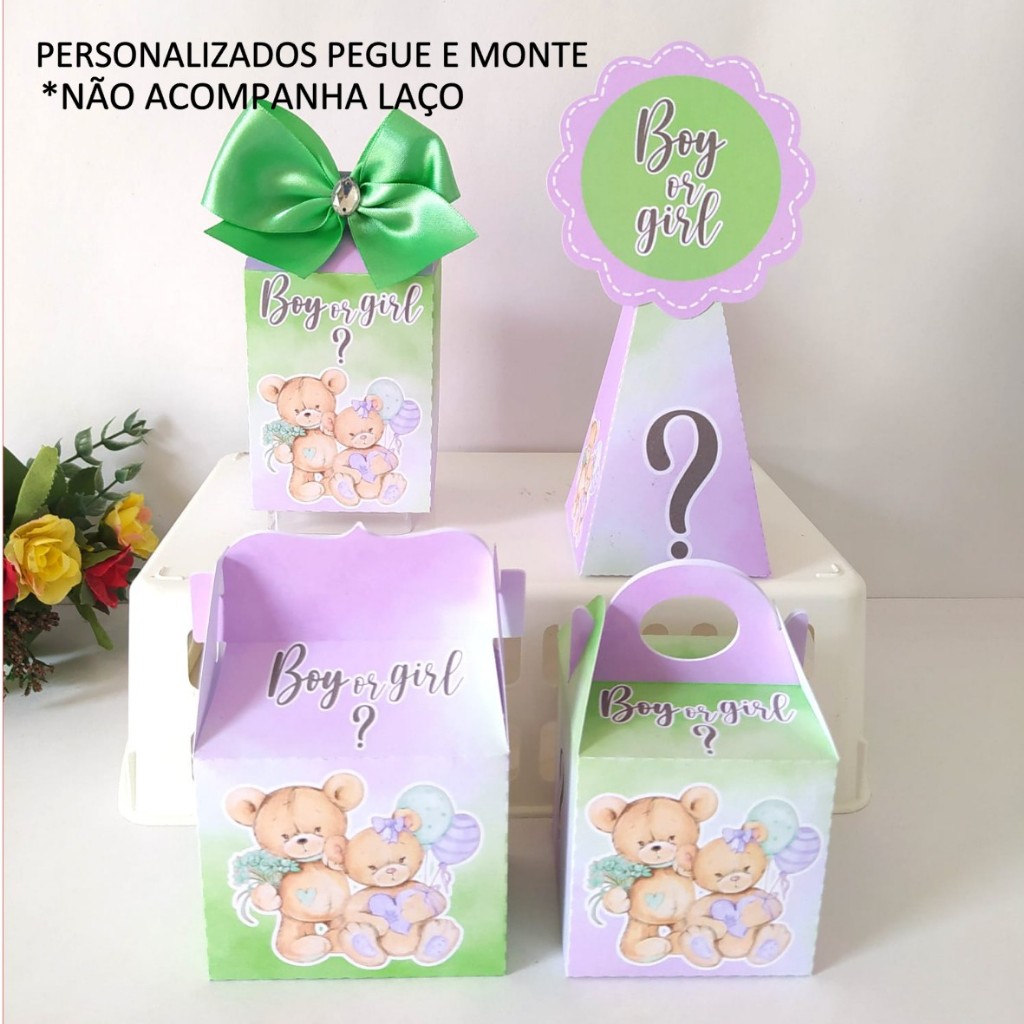 20 Lembrancinhas Chá Revelação ursinhos pegue e monte/personalizados /caixinhas para a aniversário