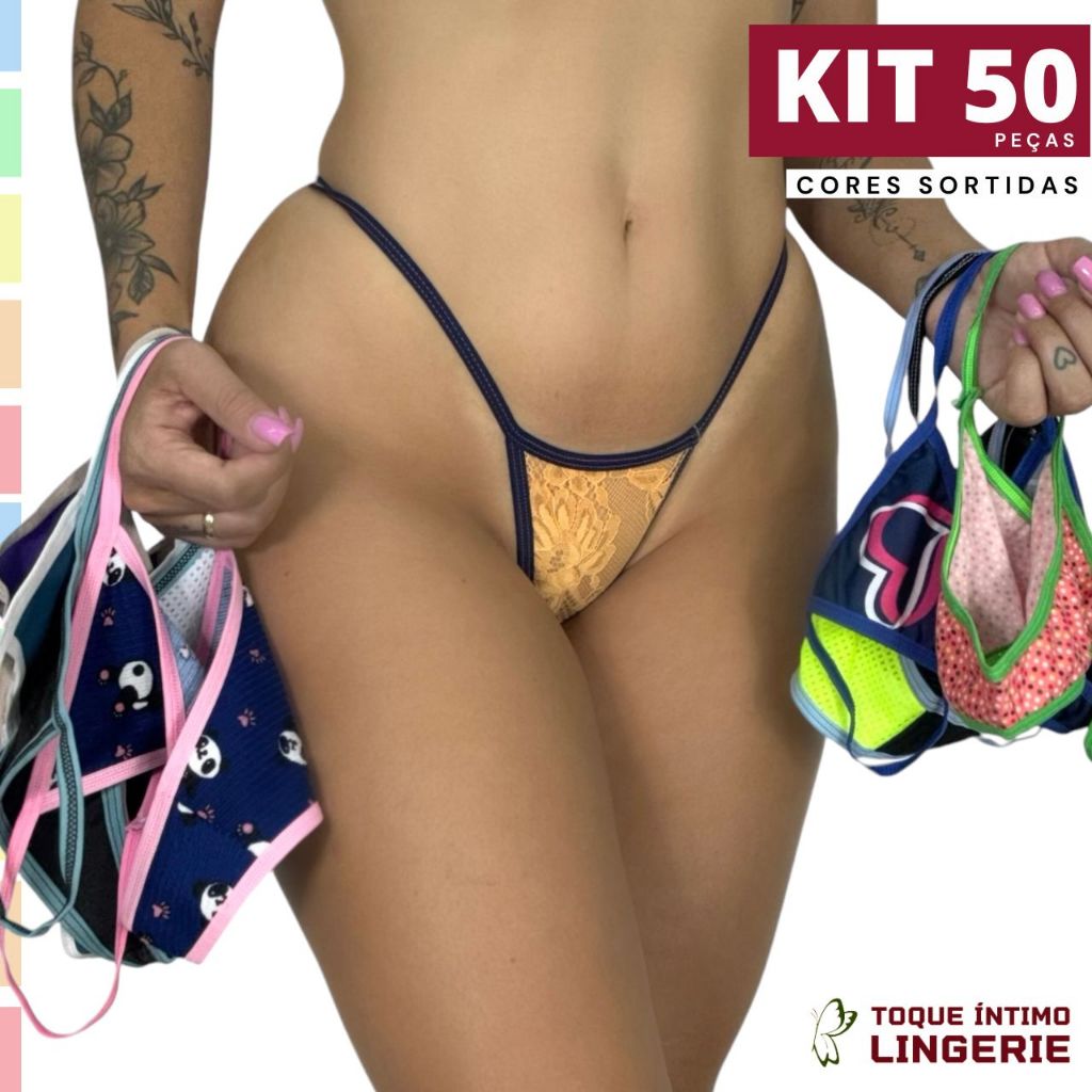 Kit 50 Calcinha Fio Dental Sensual Tirinha Adulto Sacoleira Cores Sortidas Revenda Lingerie Promoção em Oferta na Shopee