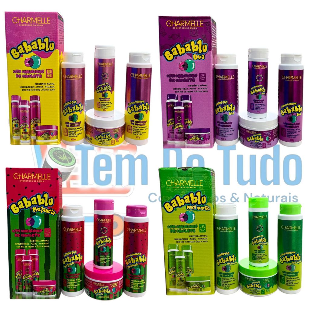 Charmelle Cosméticos Kit Babablu com Cheirinho de Chiclete Uva, Maçã Verde, Melancia e Tutti Frutti em Oferta na Shopee