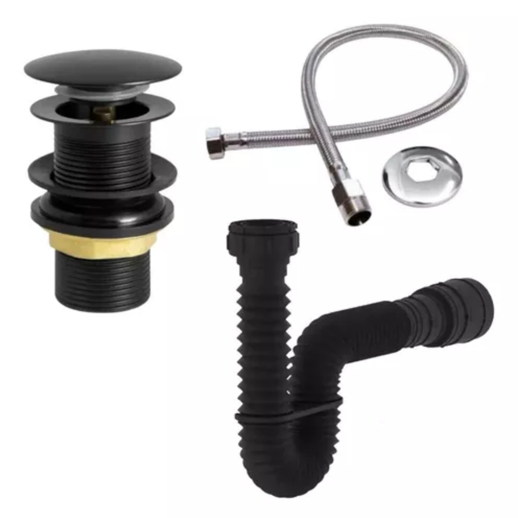 Kit Válvula Click Preta Lavatório Cuba Sifão Sanfonado Universal Extensivo Preto Engate 40 cm inox trançado Rabicho em Oferta na Shopee