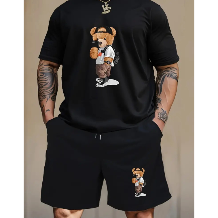 Conjunto Camiseta Oversized+ Short Moletom Urso Estiloso Estampado Confortavel Flanelado Masculino