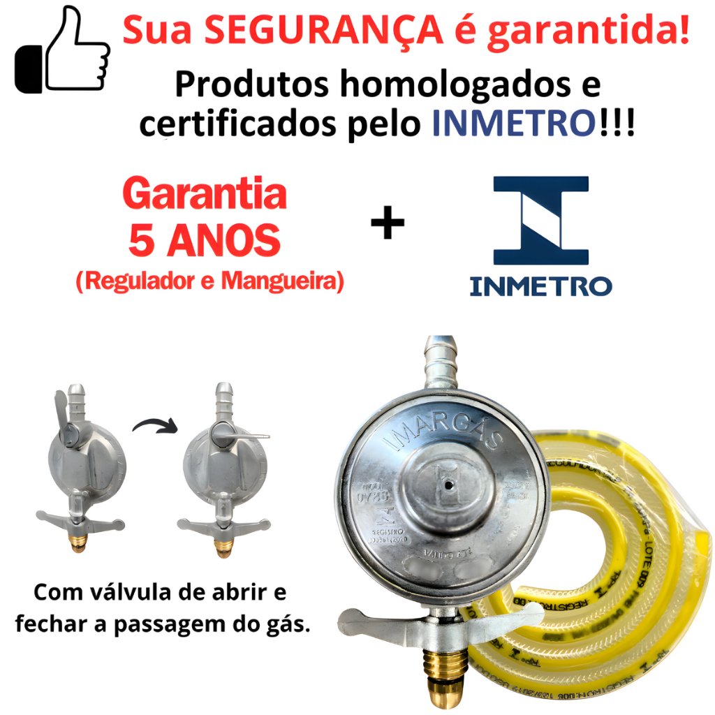 Registro Regulador de Gás de Cozinha Botijão para 13k de 1Kg/h com Mangueira Kit Fogão