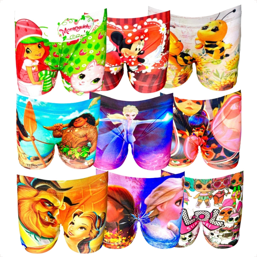 Kit 10 Cueca Box Feminina Calcinha Shortinho Sublimada Juvenil Personagem Menina Princesas