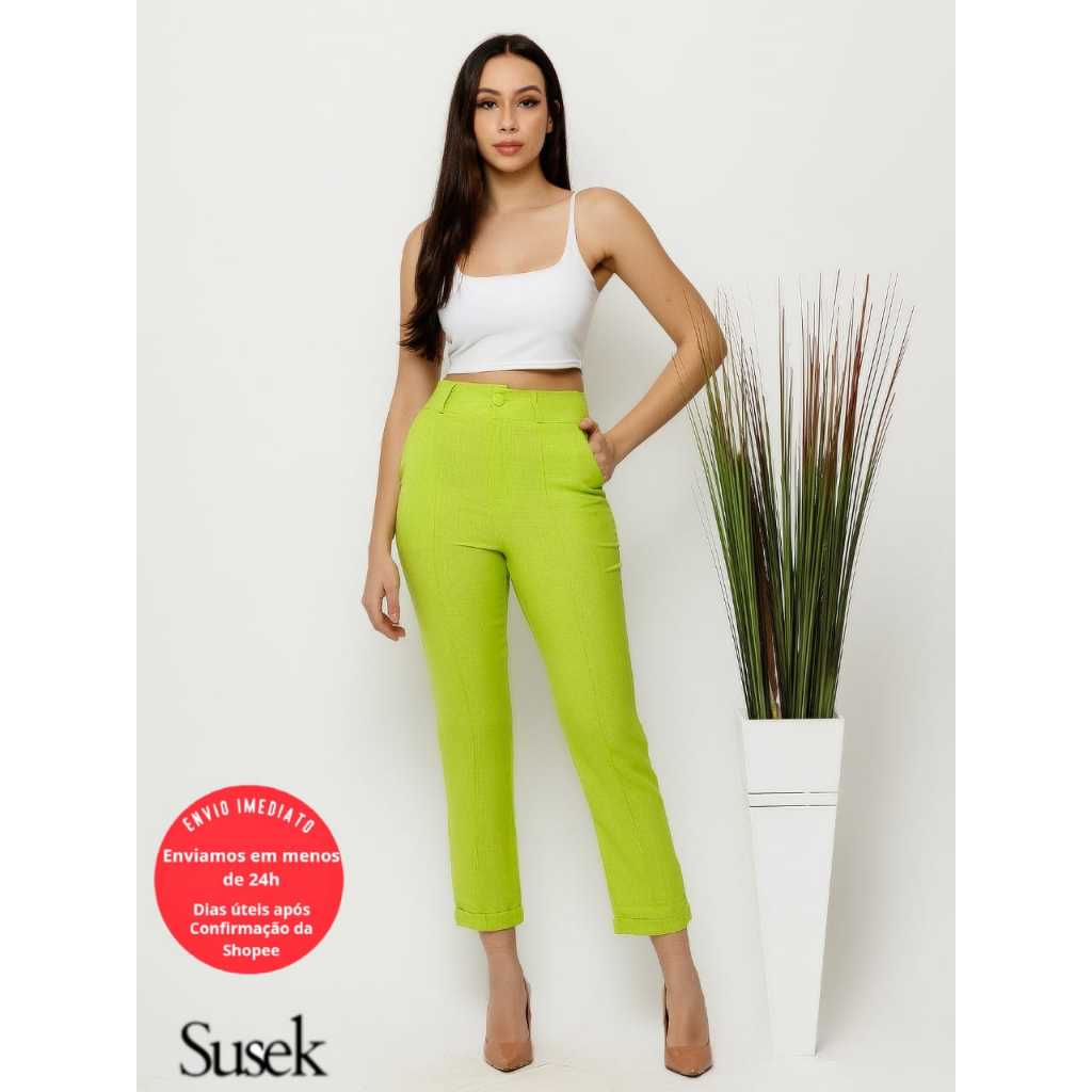 Calça de Linho feminino tendencia barra dobrada L73 em Oferta na Shopee