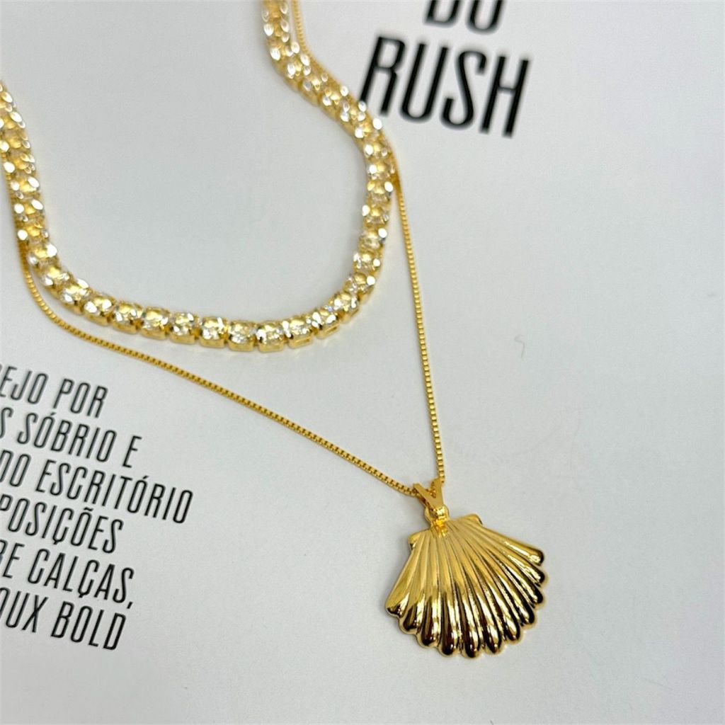 Colar Concha do Mar + Choker Riviera Zirconia Banhado a Ouro 18k em Oferta na Shopee