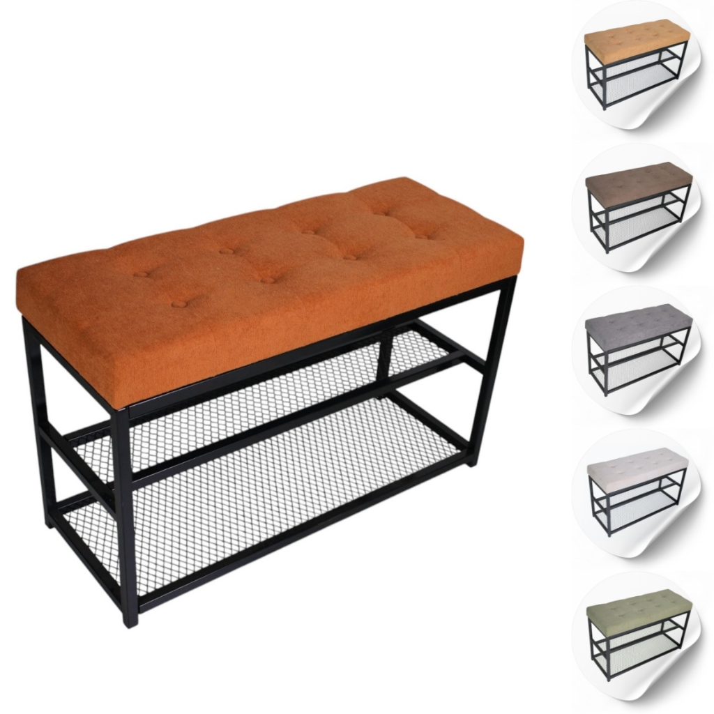 Banco Sapateira 80cm Industrial Estofado Boucle Capitone Botonê Macio Com Tela Hall De Entrada 8 Pares