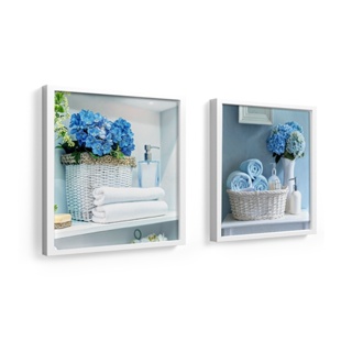 Kit 2 quadros 18x18 cm, banheiro, lavabo, flores Azul em Oferta na Shopee