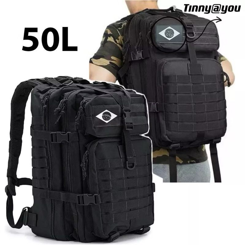 Mochila Militar Tática 50 Litros Grande Impermeável Reforçada com Bandeira Qualidade Premium