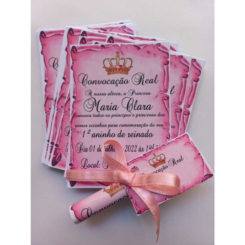 40 Convites 10x14CM Pergaminho Realeza com Fita de Cetim e Tag + 70 convites Individuais - Papel Fotográfico 120g Brilho