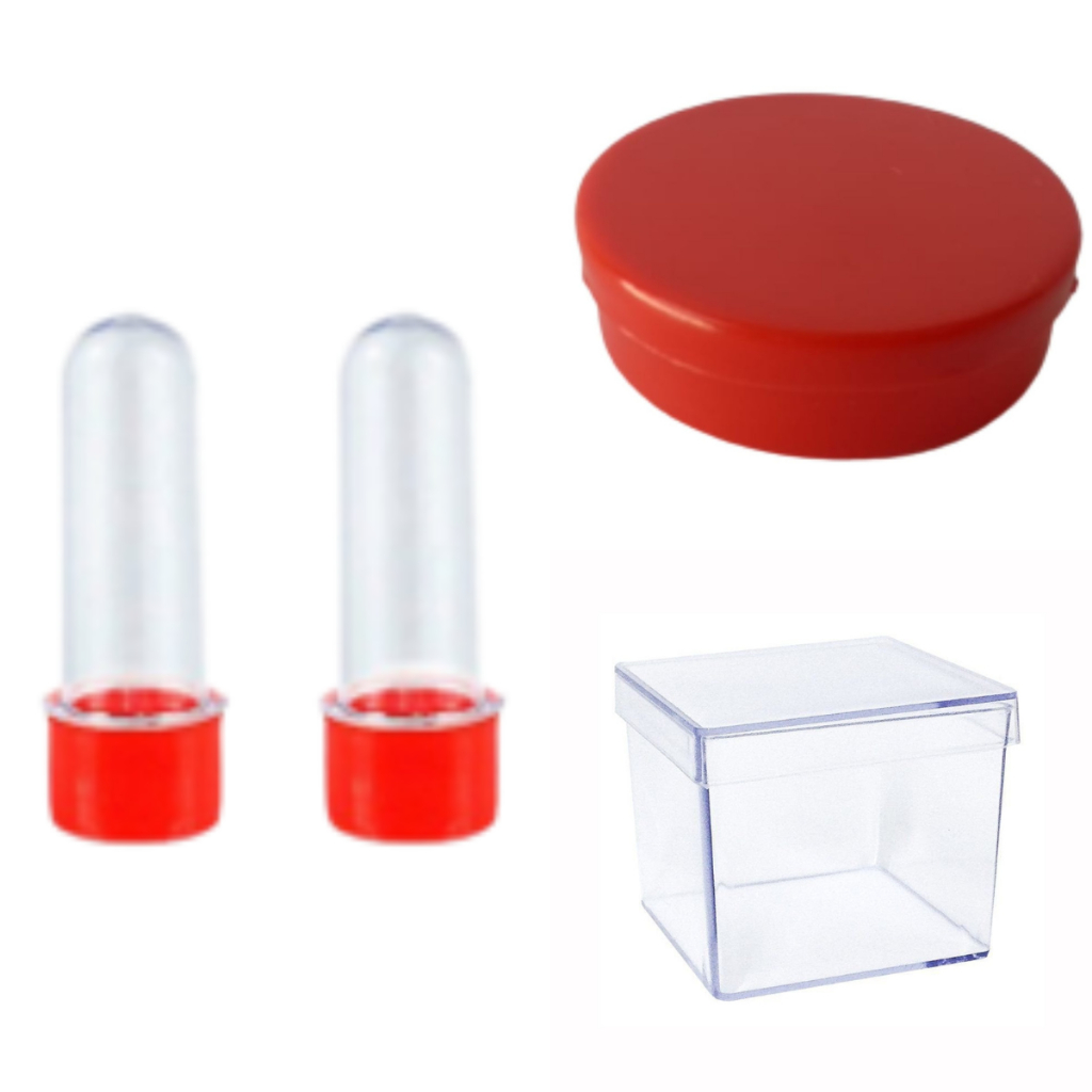 Kit Lembrancinhas 30 Peças - 10 Tubetes 8 Cm Plástica - 10 Latinha 5x1 Plástica - 10 Caixinhas Cristal Acrilica 4x4