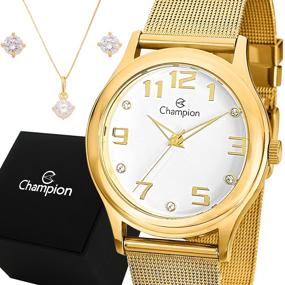 Relógio Champion Feminino Dourado Prova d'água com 1 ano de garantia e colar e brincos em Oferta na Shopee