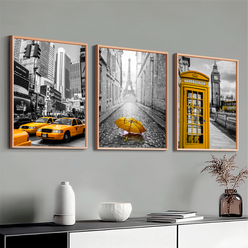 Conjunto 3 Quadros Decorativos Moldura De Madeira 40X60 cm Nova York Paris Guarda Chuva Amarelo