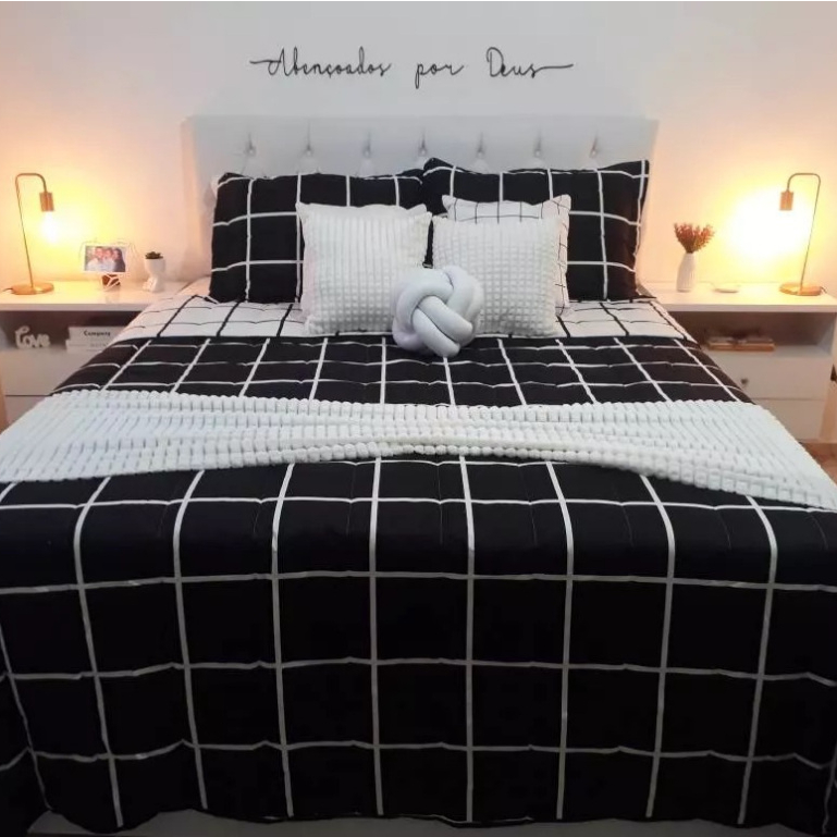 Kit Cobre Leito Colcha KING 3 Peças Dupla Face Austin Micro Percal 200 Fios Grid