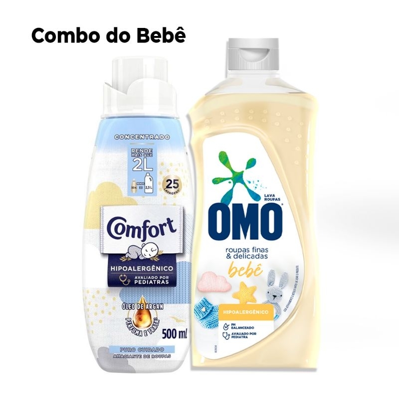Kit Omo Sabão Líquido Roupas 900, Lava Roupas Finas Delicadas Bebê+Comfort Amaciante Puro Cuidado Bebê 500ml — R$ 48,49 em Shopee