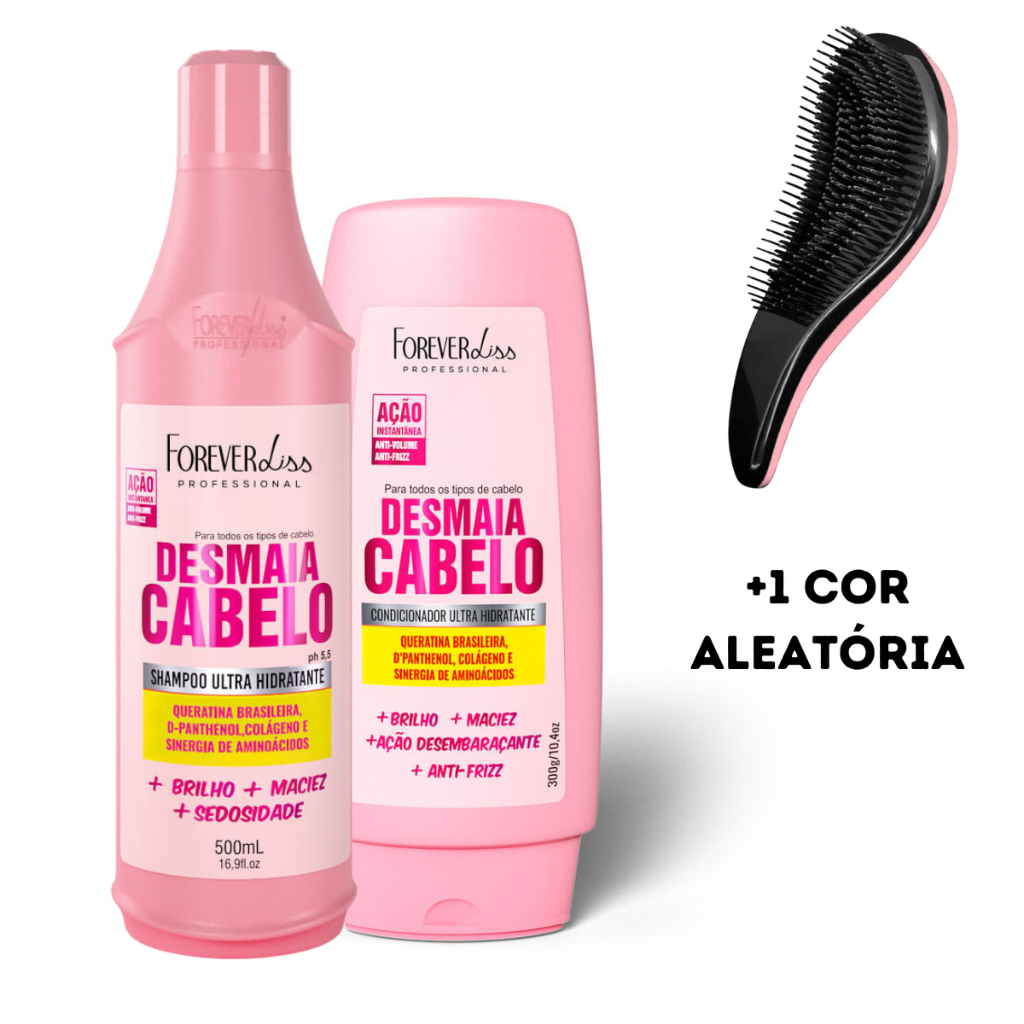 Kit Desmaia Cabelo Forever Liss Shampoo 500ml + Condicionador 300ml +  Escova