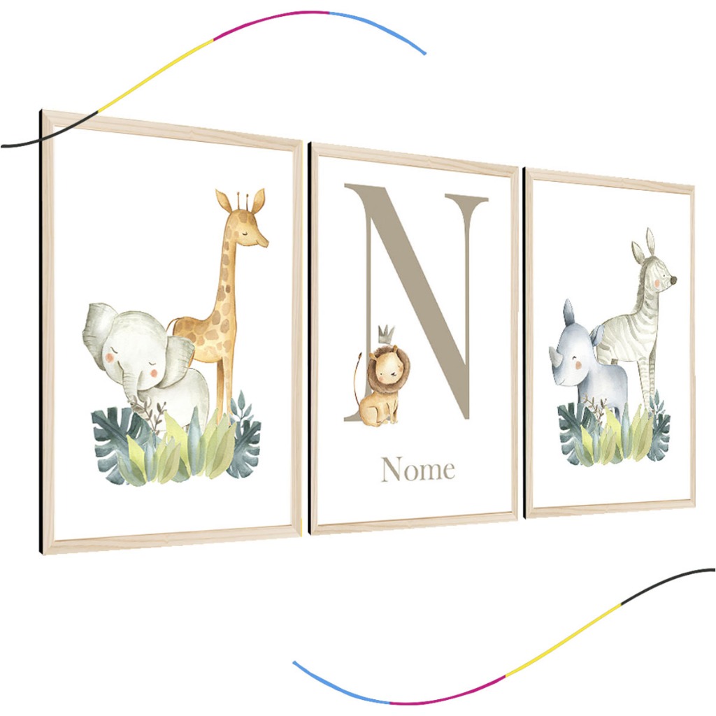 quadro decorativo infantil safari personalizado bichinhos 3 peças, safari, leão, leaozinho, infantil em Oferta na Shopee