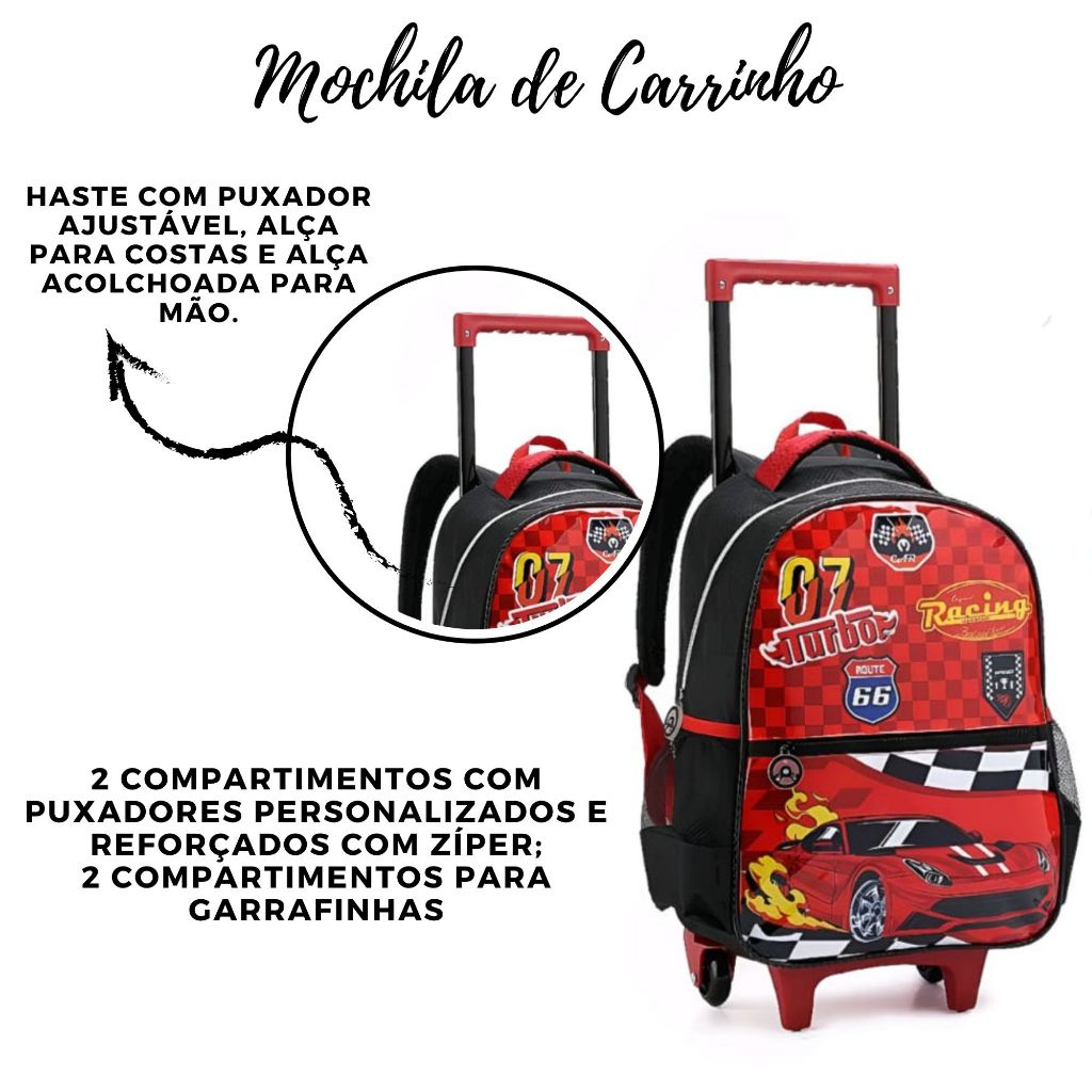 Kit 3 Mochila De Rodinha Carro Turbo Racing Espaçoso Escolar Infantil/ Meninas Com Haste Ajustável + Lancheira E Estojo