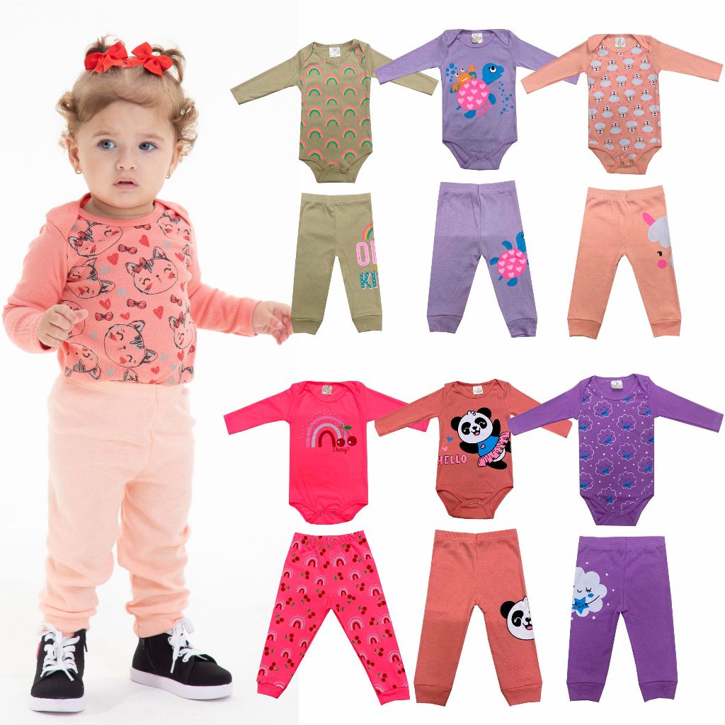 Kit 5 ou 2 Conjuntos de Body Longo + Calças Bebê Menina