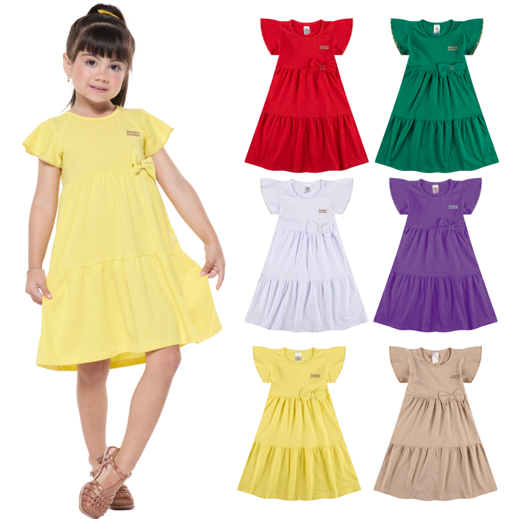 Kit 4 Vestido Infantil Menina Verão Três Marias 100% Algodão Com Laço - Kit Sortido Tamanhos 1 ao 12