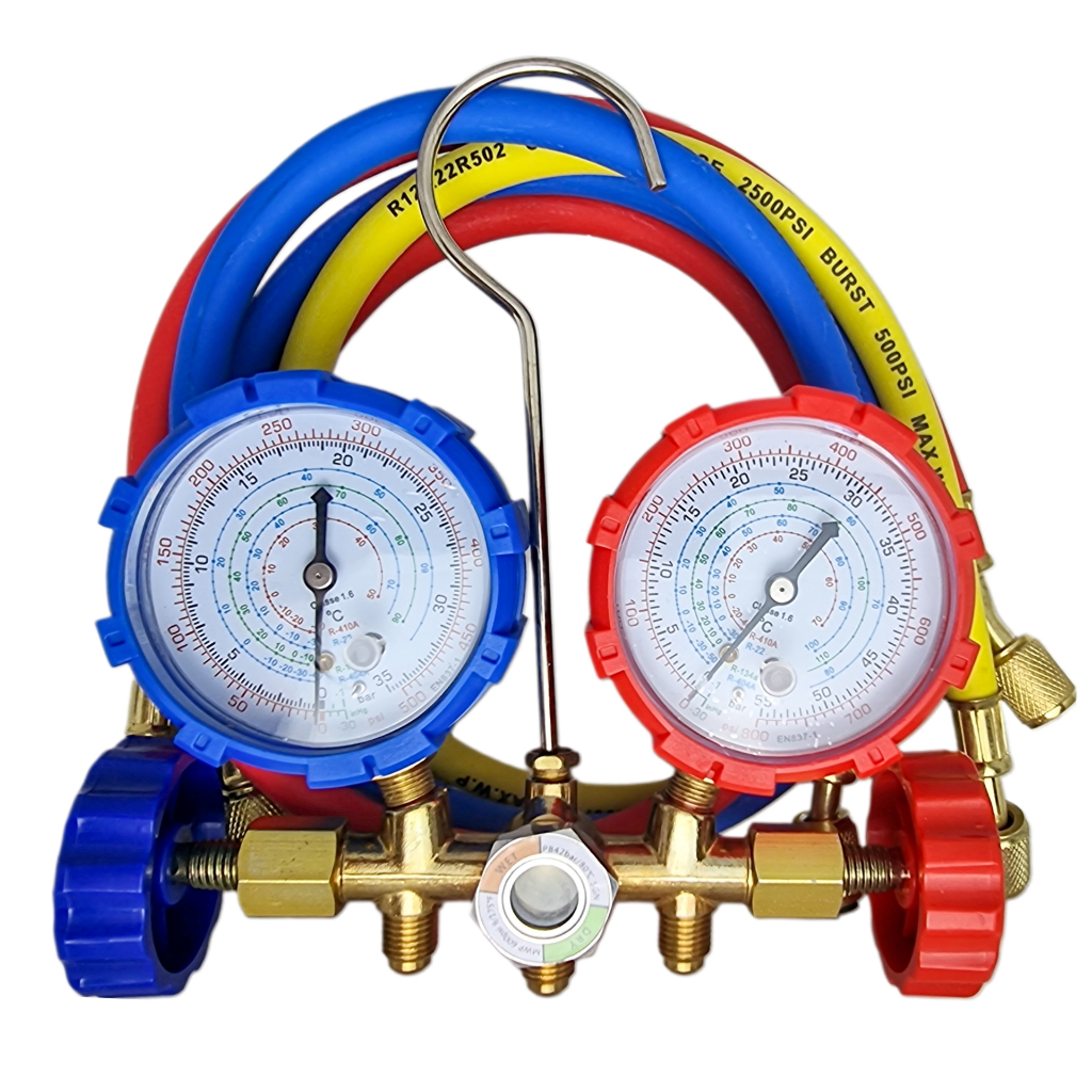 Kit Manifold R410a/R22/R404A/R134a (3 Mangueiras 90cm) com visor de Líquido ar condicionado refrigeração climatização