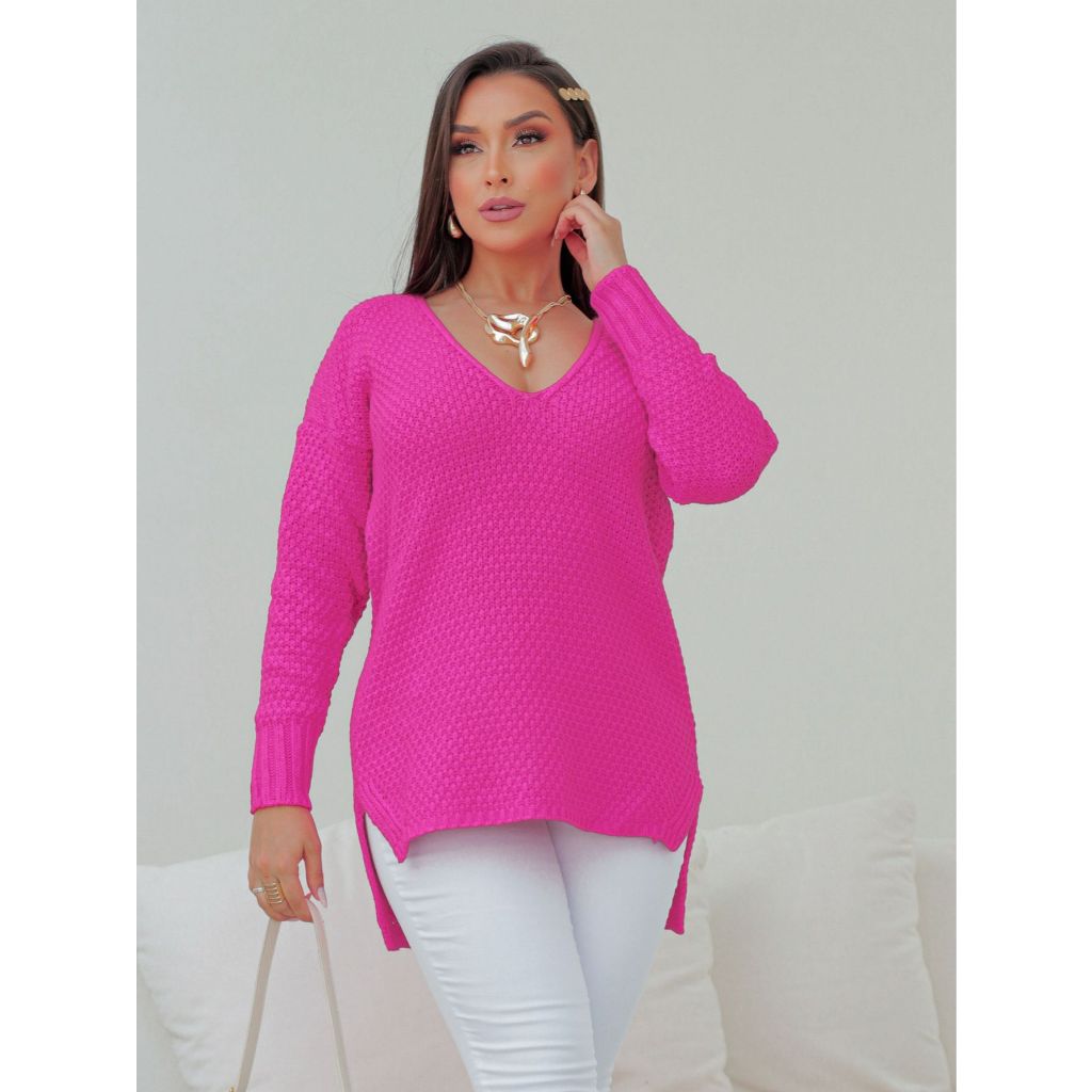 Blusa Tricot Estilo Mullet Longa Atrás Ponto Fang Vest Legging