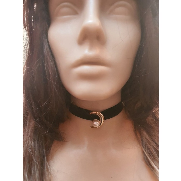 Colar choker de veludo gótico vintage lua preto ajustável