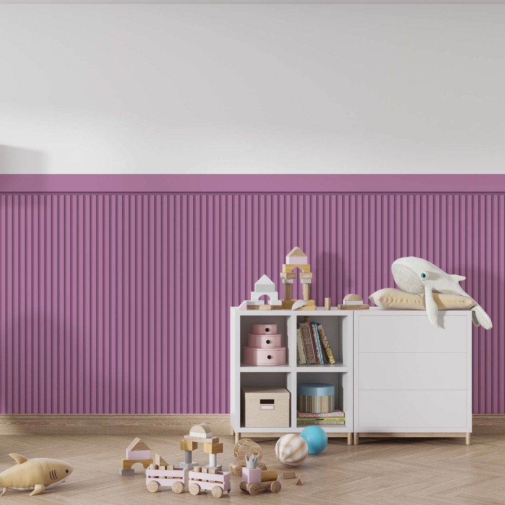 Papel De Parede Adesivo Ripado Lilás Com Faixa Para Meia Parede