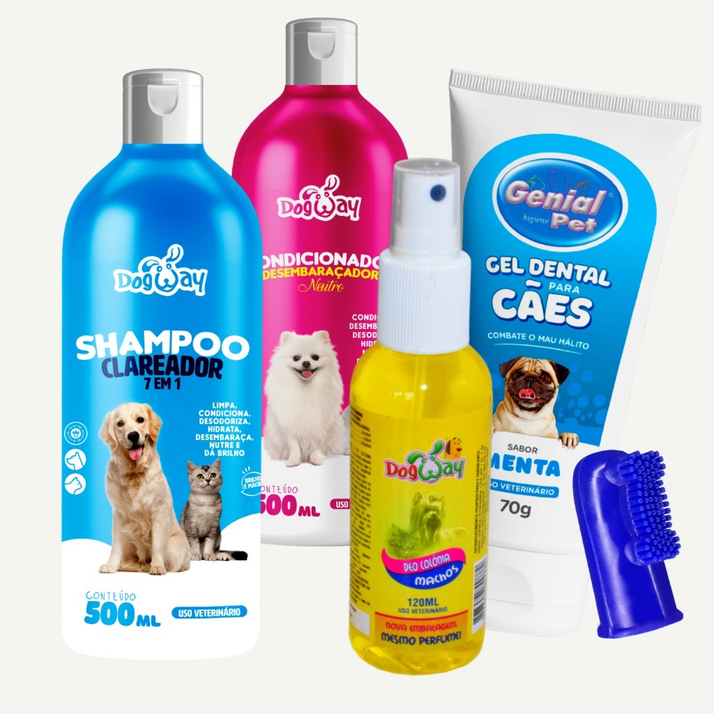 Kit Banho e Tosa Shampoo Clareador, Condicionador, Perfume Macho Gel Dental Escova de Dente Caes e Gatos