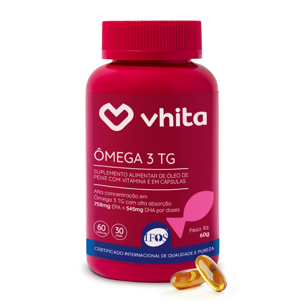 Ômega 3 1000mg TG Importado e rico EPA DHA com selo Ifos e Vitamina E de 60 caps Vhita