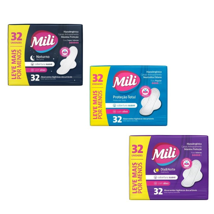 Kit cm 3 Absorvente Mili Com Abas Suave c/ 32un