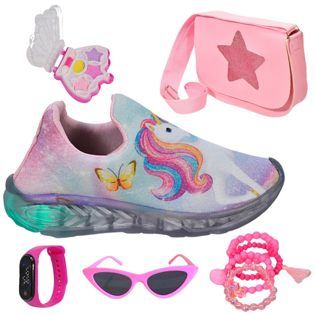 Tênis Infantil Led Feminino Unicórnio Calce Fácil Meninas + Bolsa Paleta Pulseira Óculos Relógio