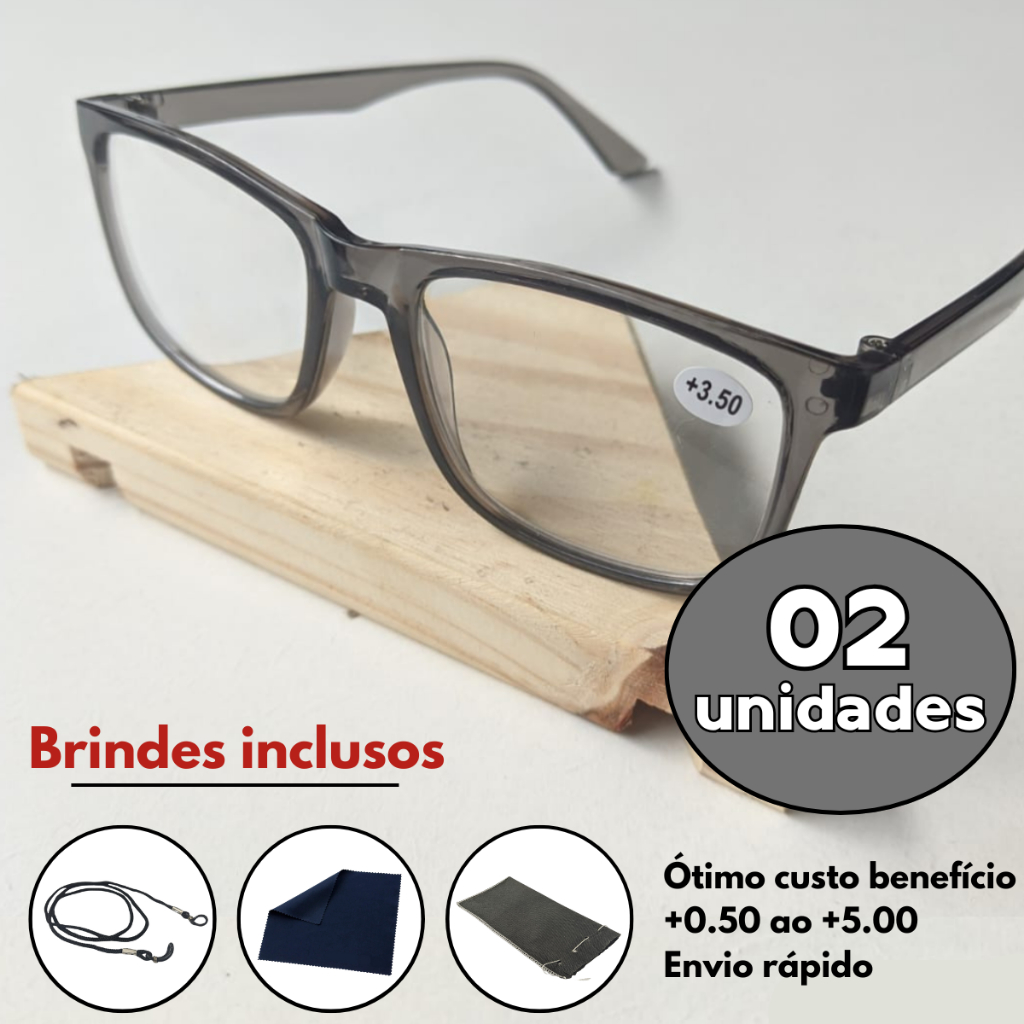 Kit com 2 Óculos De Grau Para Leitura / Descanso Unissex + Cordão Capinha e Flanela - Graus 0.50 até 5.00 - Cinza em Oferta na Shopee