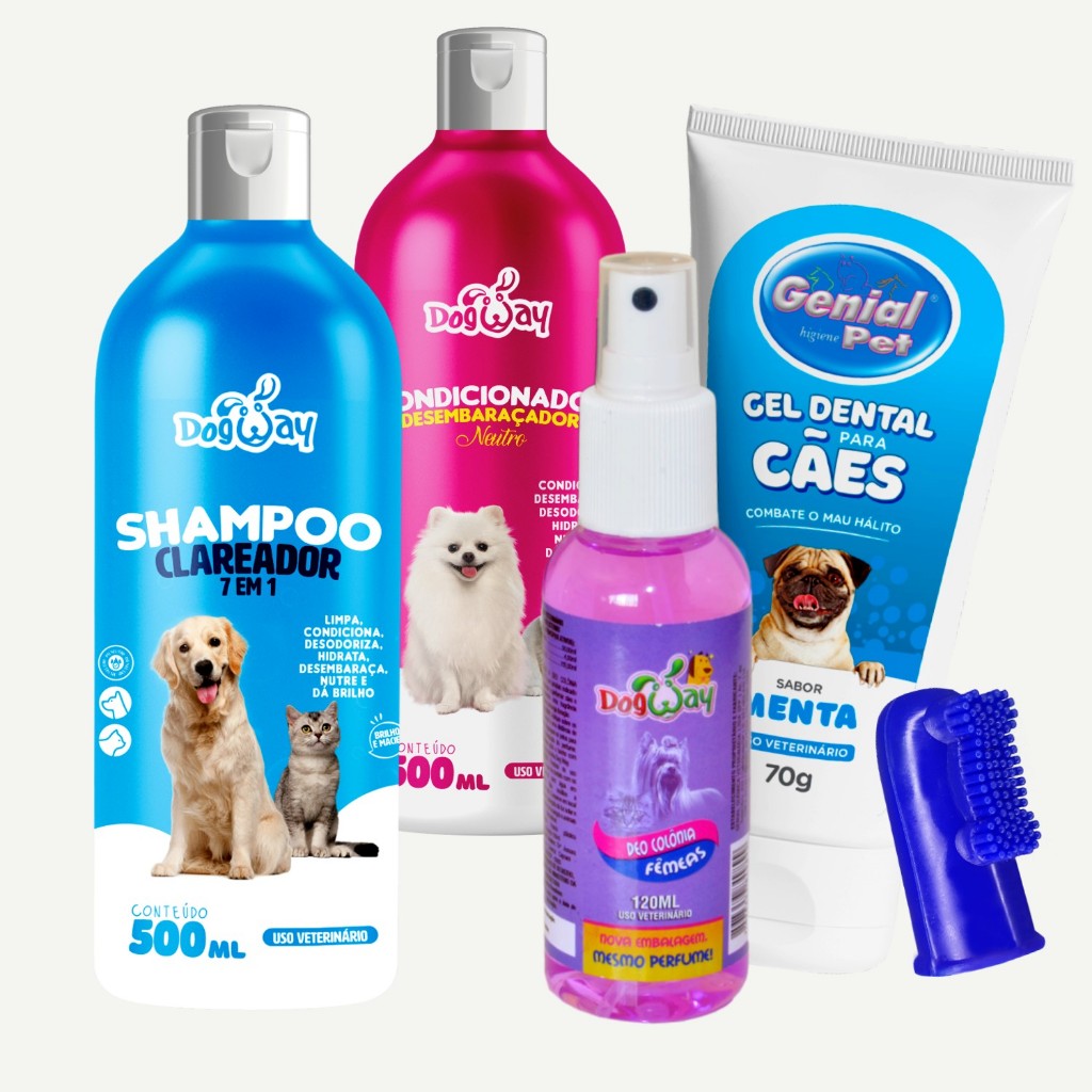 Kit Banho e Tosa Femia Shampoo Clareador Condicionador + Kit Bucal Anti Bafo Genial Caes e Gatos em Oferta na Shopee