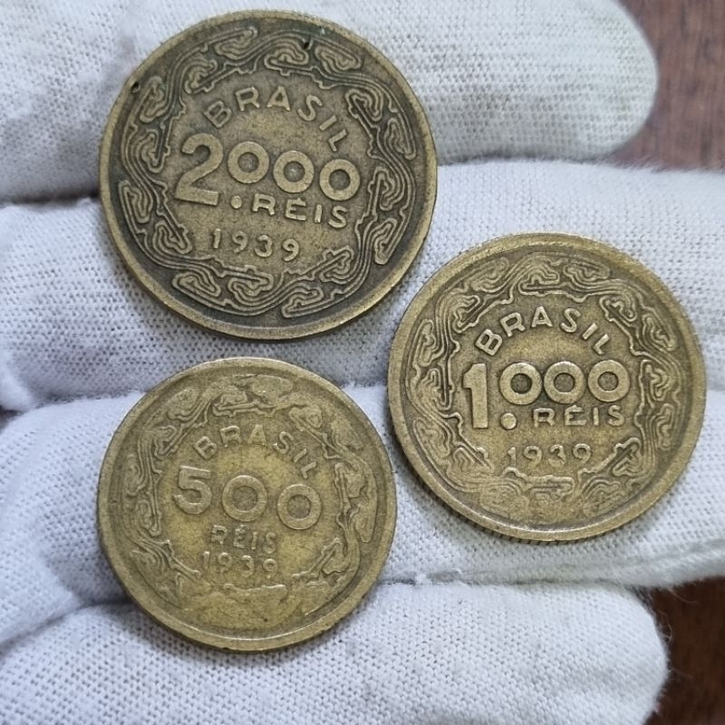 Set 3 Moedas Brasil 500, 1000 e 2000 Réis 1939 MBC - Série Brasileiros Ilustres