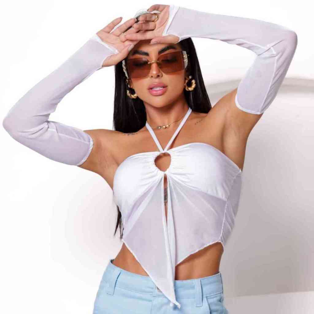 Cropped Top Tule Manga Longa Caída Blogueira Tendência Gringa Balada Influencer Envio Imediato