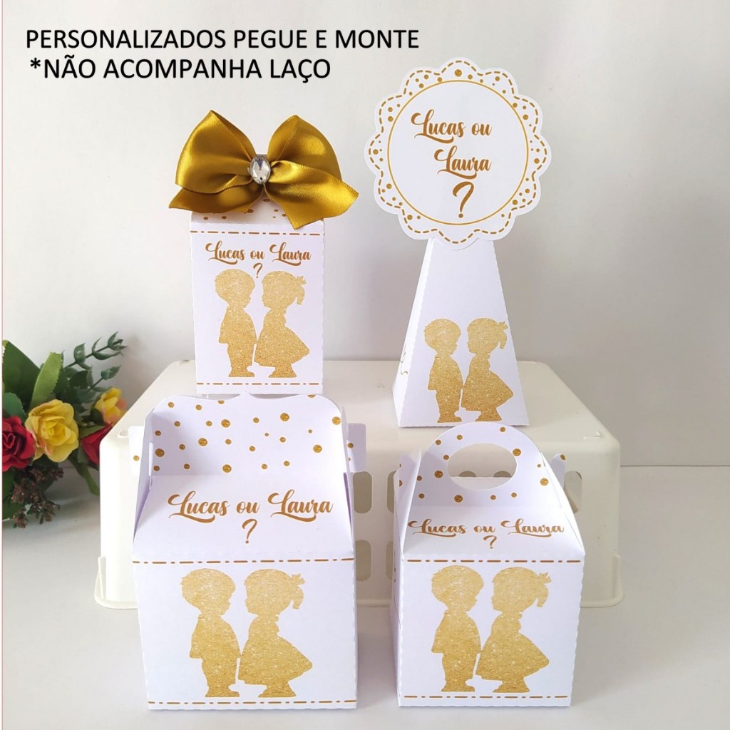 20 Lembrancinhas Chá Revelação branco e dourado pegue e monte/personalizados/caixinhas