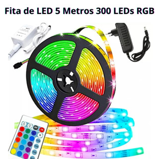 Fita LED RGB 5 Metros + Controle Remoto DE CORES + Fonte COMPLETO/300 LEDS DECORAÇÃO PRONTA ENTREGA em Oferta na Shopee