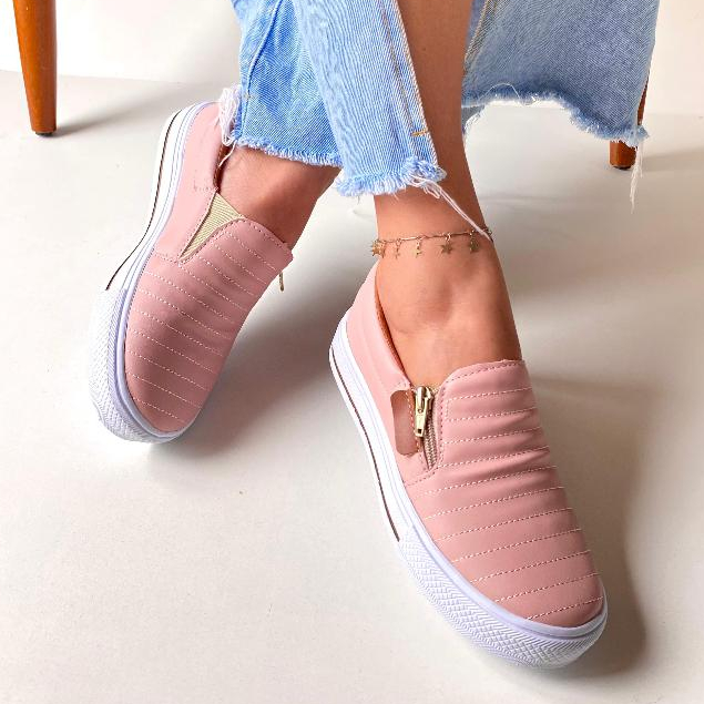 Tênis Feminino Casual Slip On Ziper Sapatilha Calce Fácil Macia