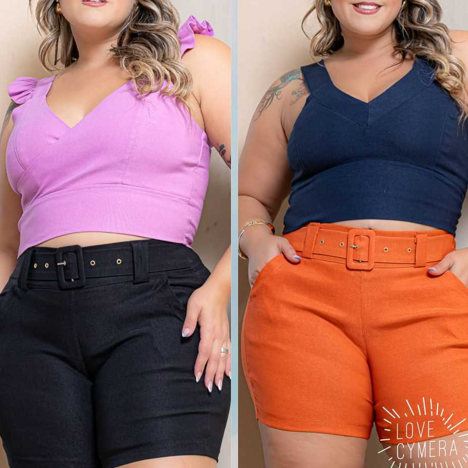 kit2 Shorts Social feminino Plus Size com cinto meia coxa Bengaline elastano veste 42a ao 52 — imagem 2 de 2