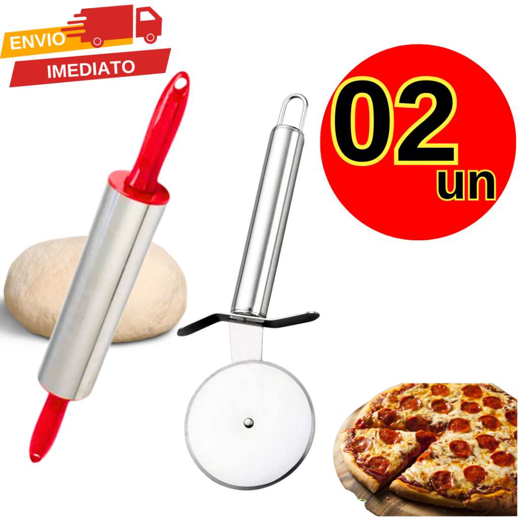 Kit 2 Rolo de Massa Inox + Cortador de Pizza para Esticar Cortar Pizza para Restaurante Pizzaria