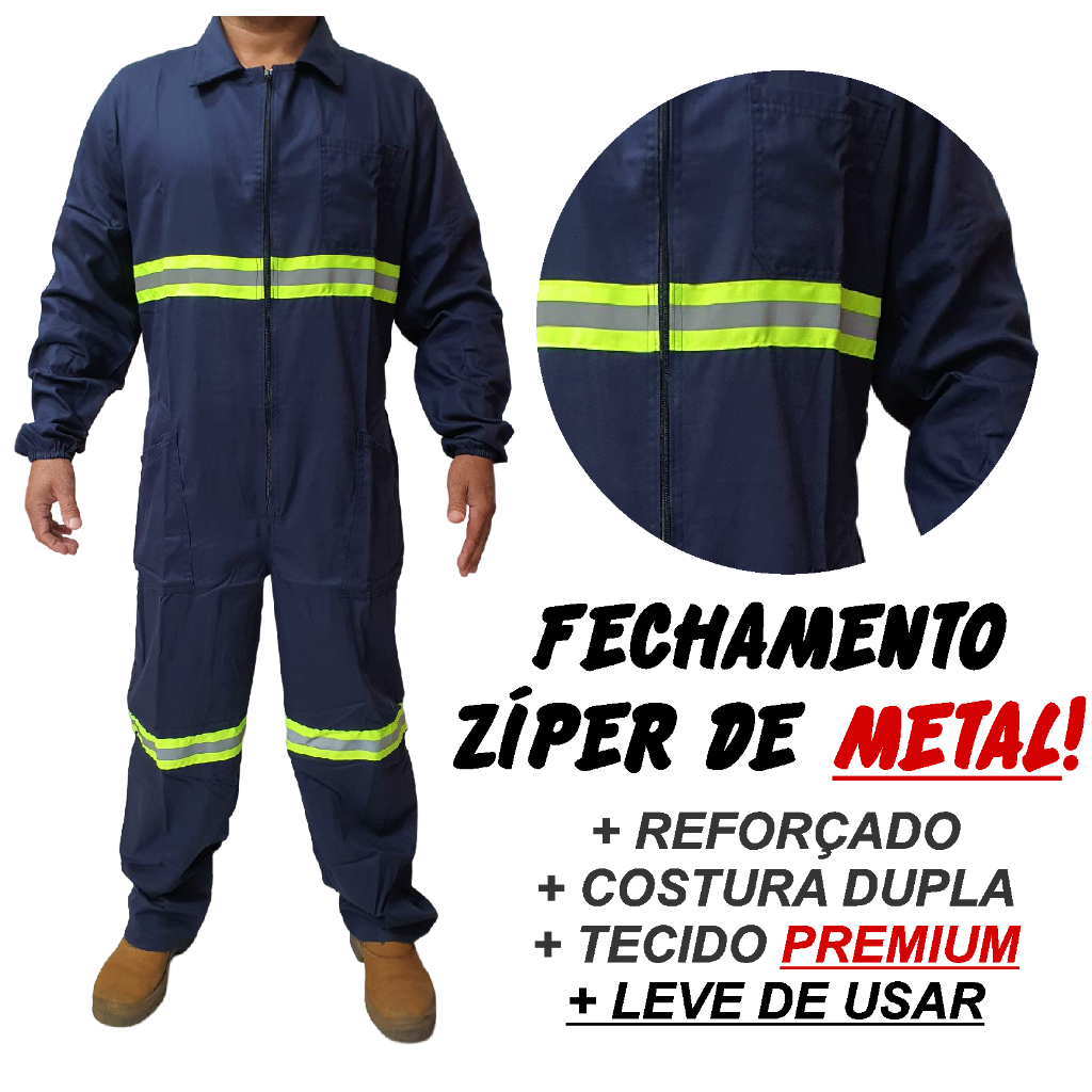 Macação Reforçado Brim Faixa Refletiva Uniforme Profissional de Trabalho Sinalização Para Industria!