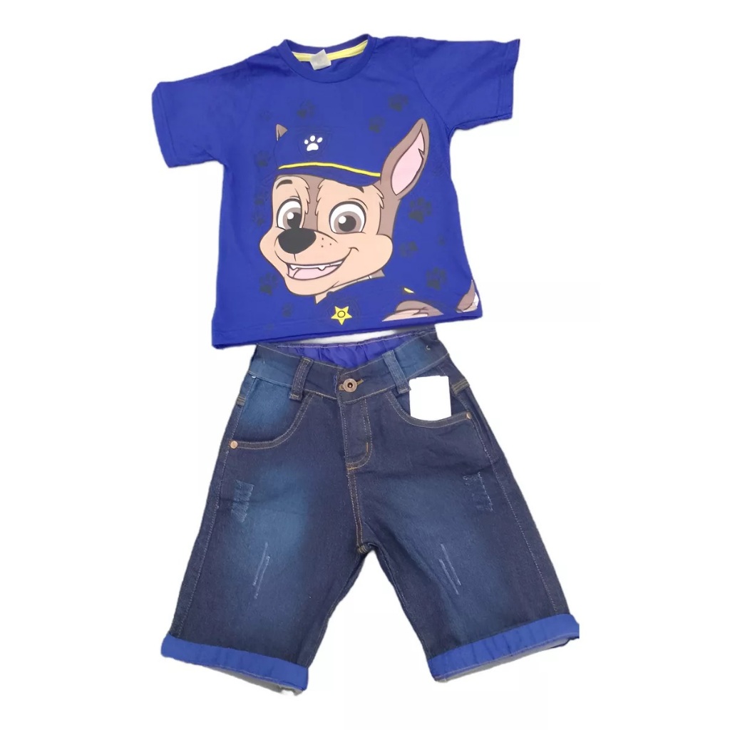 Conjunto Camiseta Patrulha Canina Mais Bermuda Jeans Infantil