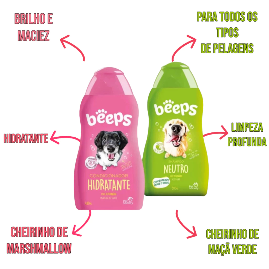 Kit Shampoo E Condicionador Para Cães E Gatos Beeps Pet Society 500ML