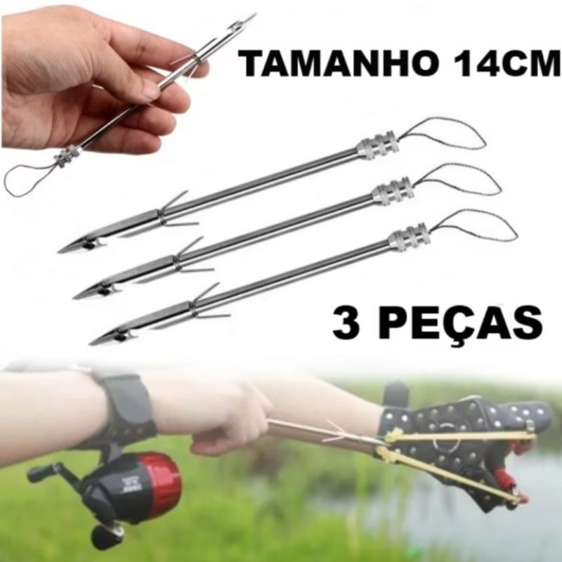 Kit 3 setas flechas dardos inoxidável 14 cm para estilingue atiradeira de pesca