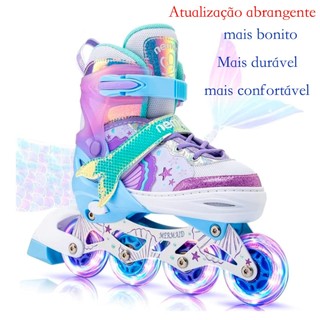 Patins Inline Ajustável Infantil Roller 4 Rodas Reto Roxo Sereia Meninas Com Led Presente Criancas