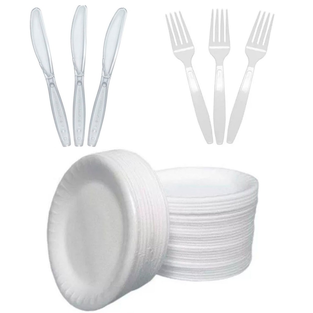 Kit Churrasco Feijoada Refeição 100 Pratos Isopor 23cm 100 Faca 100 Garfo Descartável