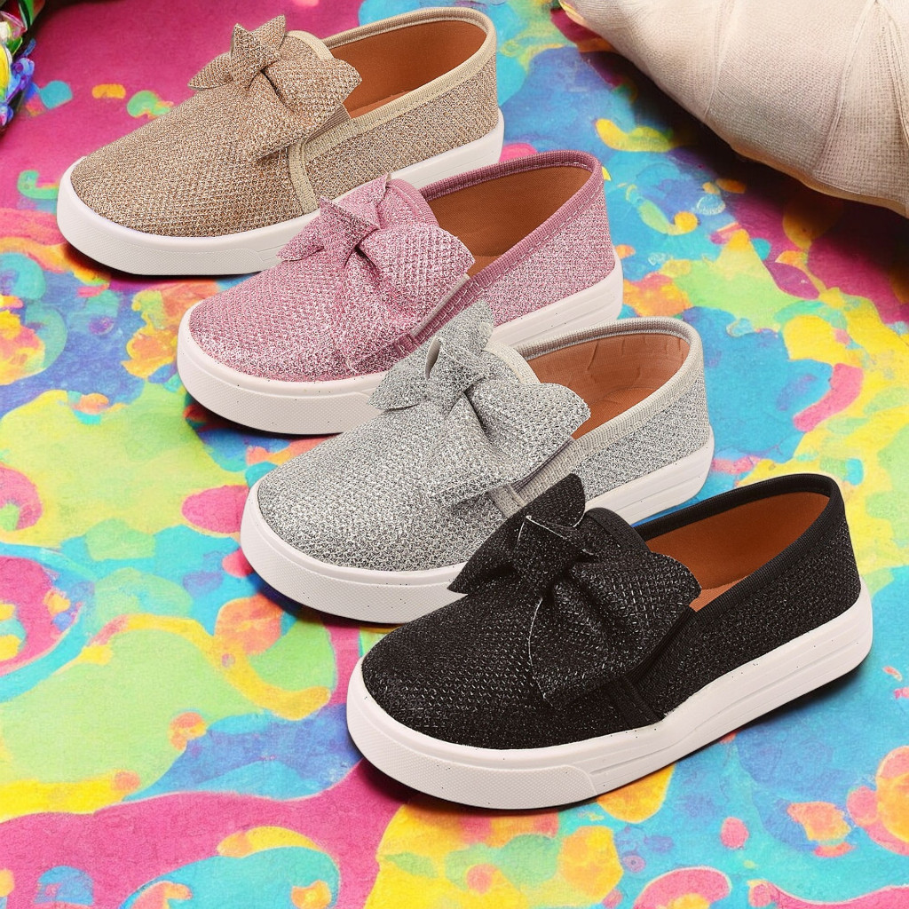 sapatilha infantil menina slip on brilho laço sapatos glitter sapatilhas sem cadarço tênis bebê